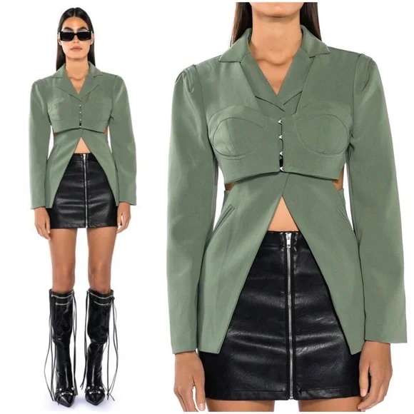 Brand New AKIRA Corset Blazer Side Cutouts Bustier Front Sage Green Avant-Garde - Picture 6 of 9